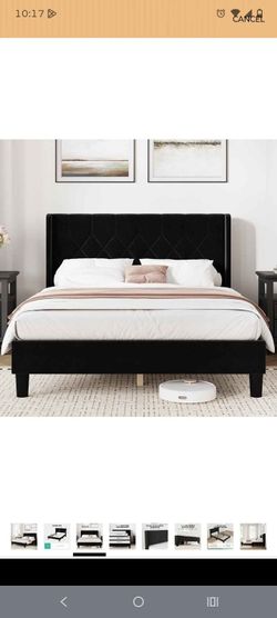 King size Black Velvet Upholstered Platform Bed Frame