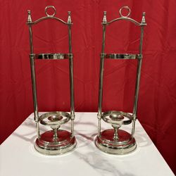 Pair of Silver Metal Cylinder Candle Holders, Shiny Finish, Dining Room