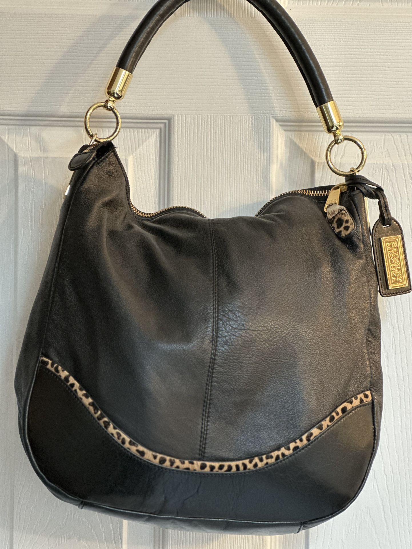 Black hobo Badgley Mischka bag with leopard trim
