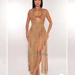 MOCHA CROCHET HALTER FRINGE COVER UP DRESS