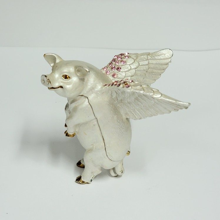 Rare When Pigs Fly Winged Flying Pig Jeweled Enameled Metal Trinket / Pill Box