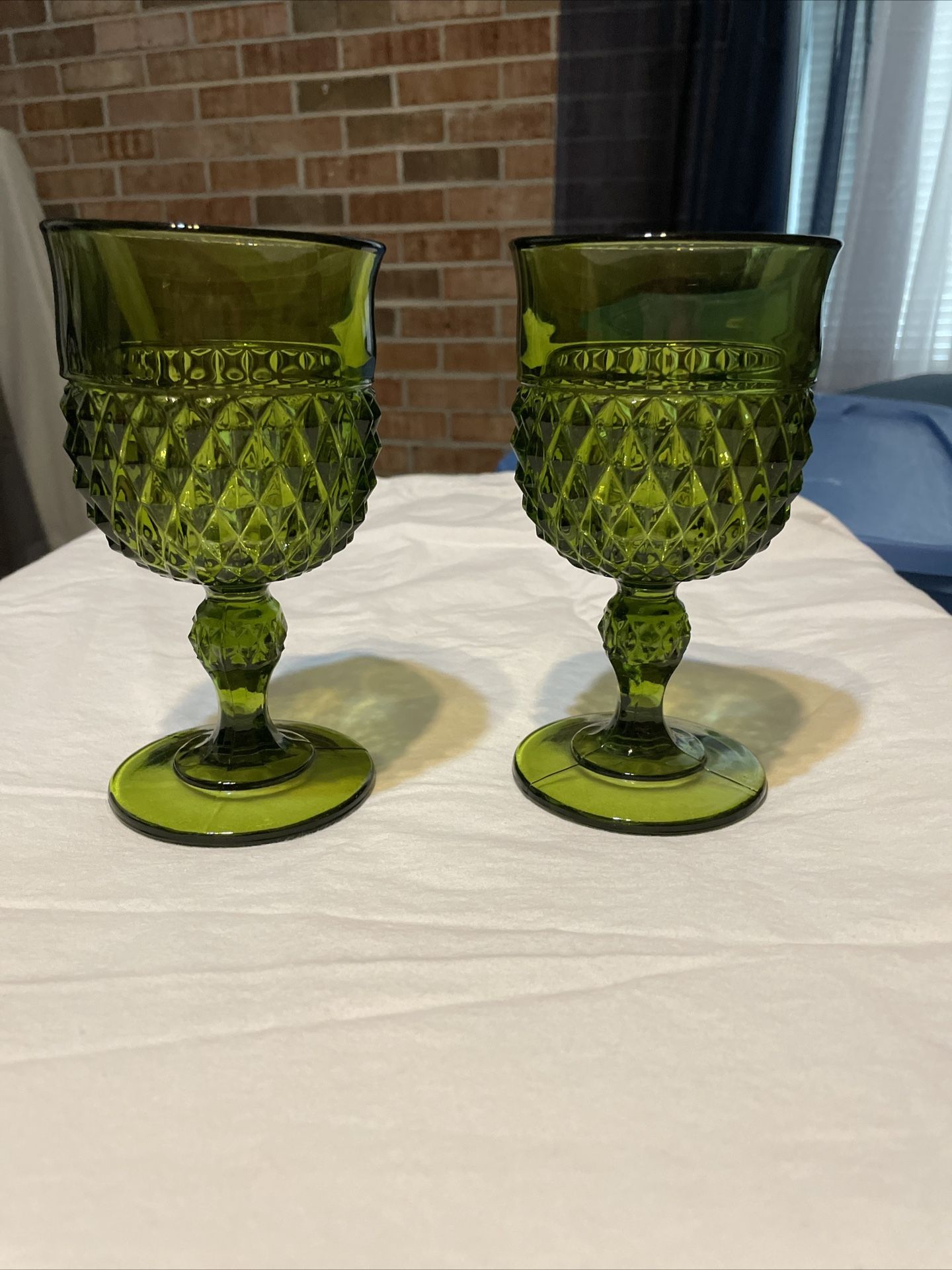 Vintage Green Diamond Pattern Goblets Set Of 2