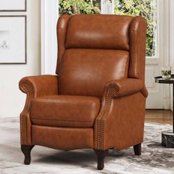 Balderich Mid-Century 35 in. Camel Genuine Leather Recliner Armchair with Nailhead Accents