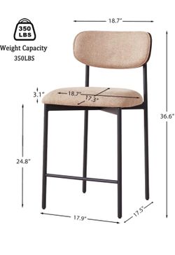 GrandNoor Modern Bar Stools Set of 2, 24 Inch Upholstered Fabric Counter Height Stools with Curved Backrest & Metal Legs, Wood Grain Back Bar Chairs f