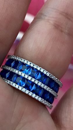 Sapphire & Silver tone Two-Row Band. Size 6