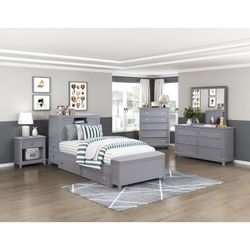 Brand New Gray Twin Bookcase Platform Bed with Hidden Desk, Stool and Storage Bench