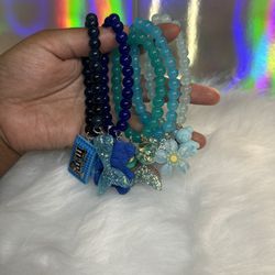 3 Dark/Light Blue Beaded Bracelet With Charms