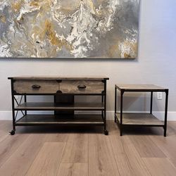 Grey Washed Oak Wood Grain And Black Metal Frame TV Credenza And Side Table