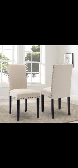 Cream/Biege Fabric Dining Chairs with Nailhead Trim – Set of 2