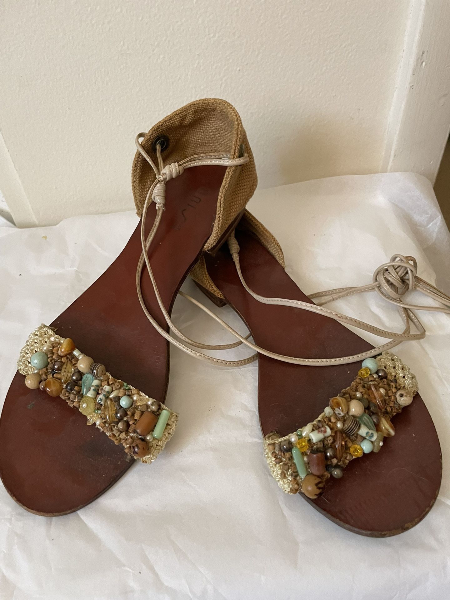 UNISA Beaded Leather Sole Ankle Wrap Sandals