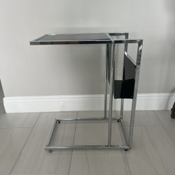 Chrome and black glass end table, nightstand, or TV tray with magazine rack on side