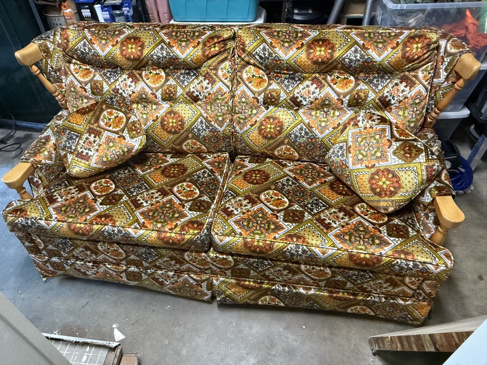 vintage orange & gold geometrical patterned floral patchwork modern tuxedo style love seat Sleeper Sofa
