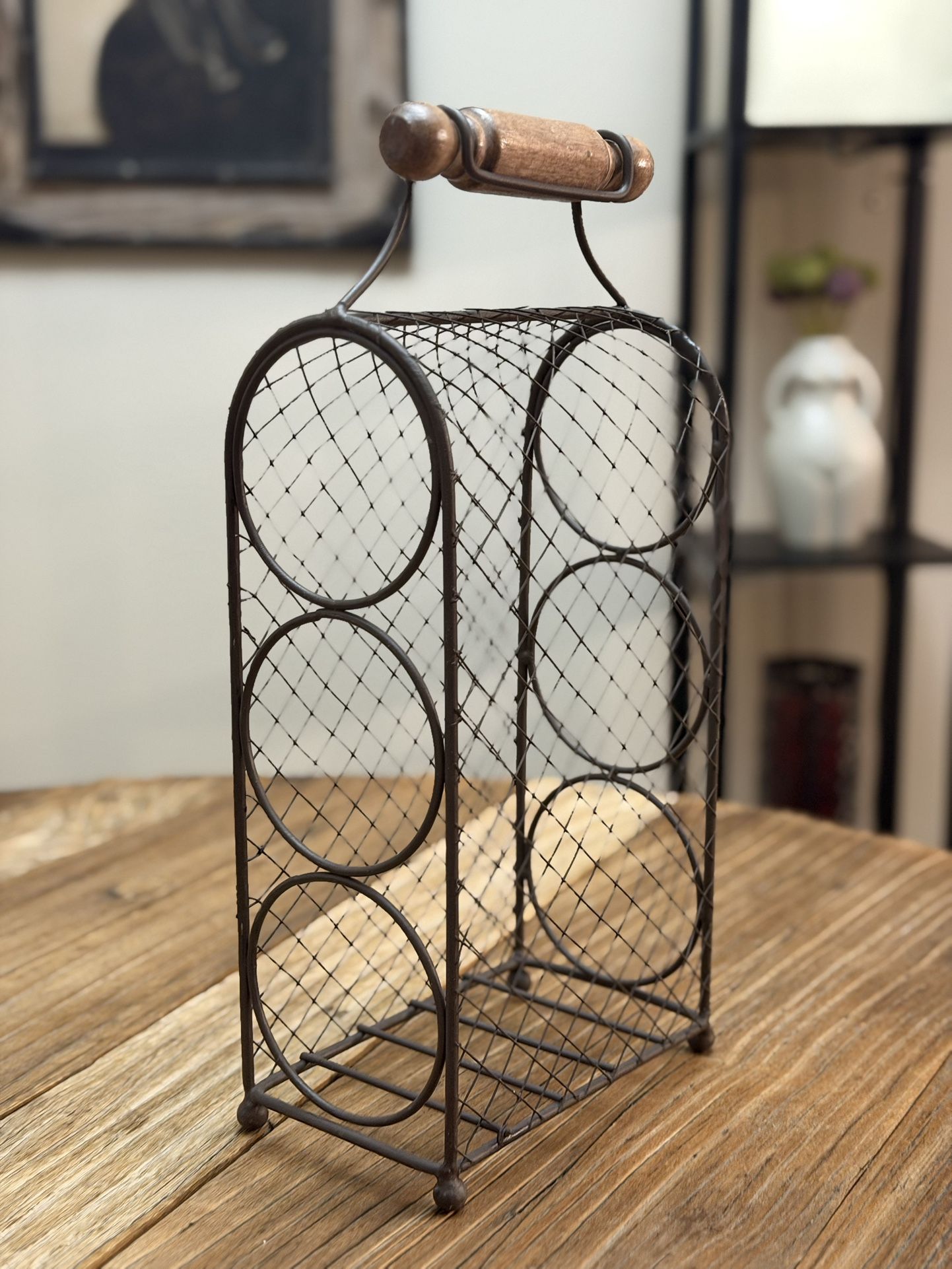Handcrafted Tabletop Rustic Wine Rack Metal With Wood Handle