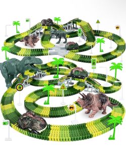Dinosaur Toys, Create A Dinosaur World Road Race, Dinosaur Track Toys Flexible Track Playset, 2 pcs Cool Dinosaur Car, Dinosaur Race Car Track for 3 4