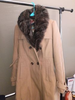 Steve Madden Camel Double-Breasted Coat with Fur Collar