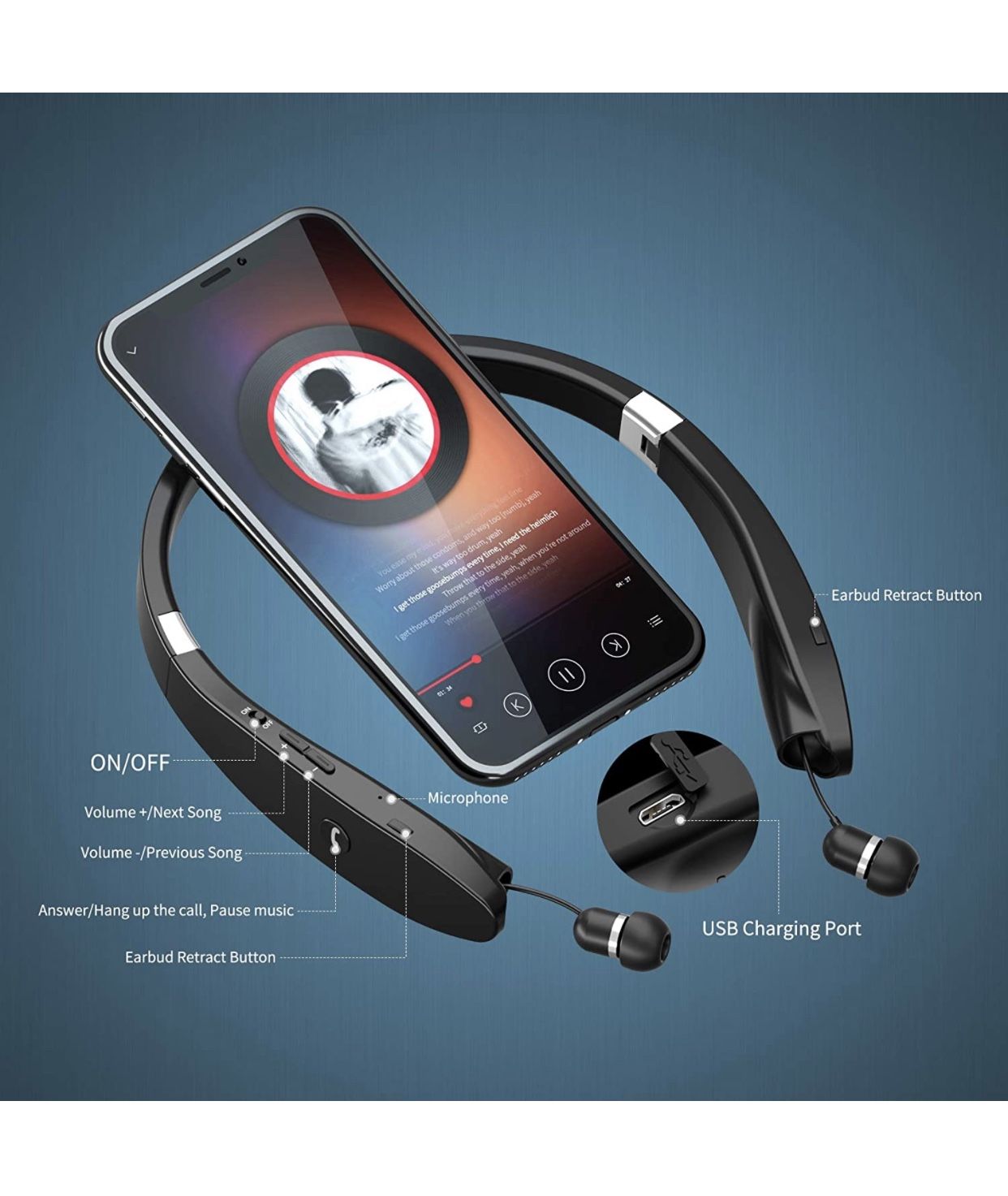 Foldable Bluetooth Headphones Wireless Neckband Headset with Retractable Earbuds, Sports Sweatproof Noise Cancelling Stereo Earphones with Mic