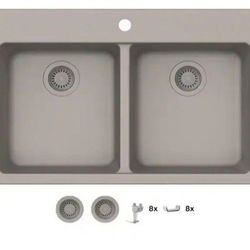 Glacier Bay Stonehaven 33 in. Drop-In 50/50 Double Bowl Taupe Ice Granite Composite Kitchen Sink with Taupe Strainer