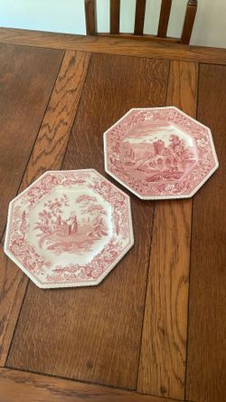 Red Transferware Spode octagon shape plates