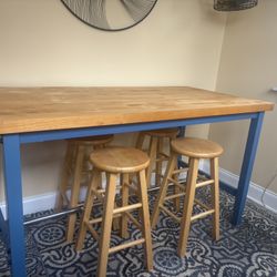 Butcherblock Metal Frame Table with 4 Stools