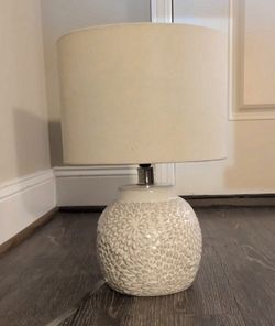 White Textured Ceramic Lamp, Linen Shade, $15