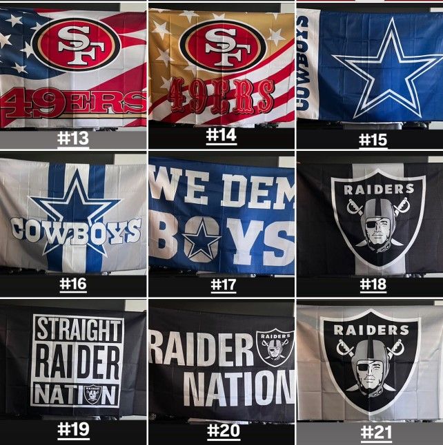 49ers, Raiders and Cowboys flags