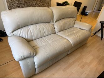 Oversized Cream Leather Loveseat with 2 Recliners - Seats 3 Comfortably