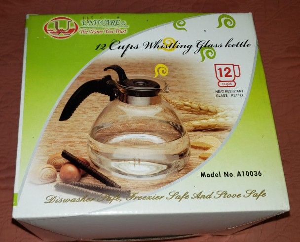 Glass 12 Cup Stove Top Whistling Tea Kettle