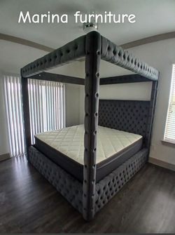 Gray Velvet Tufted Four-Poster Canopy Bed Frame