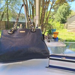 Kate Spade Navy Blue Ostrich Leather Shoulder Bag & Wallet