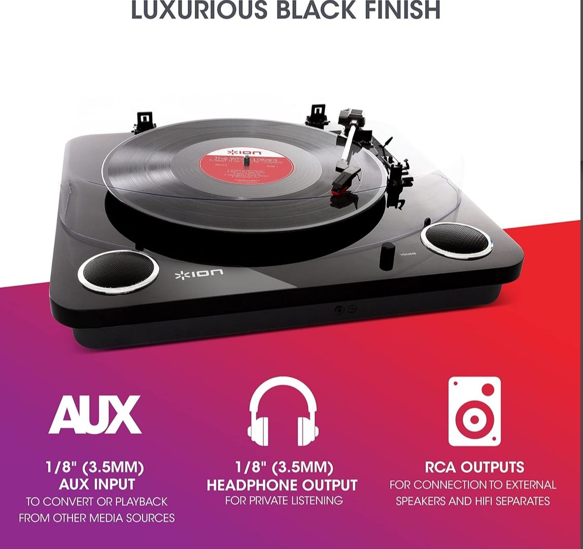 ION Audio Max LP Black IThree Speed Vinyl Conversion Turntable with Stereo Speakers, USB Output to Convert Vinyl Records to Digital Files and Standard