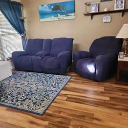 4 piece Tan Brown Recliner Loveseat & Chair. Side Chair w Stool All Surefit Covered Blue 