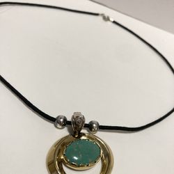 AW Sterling And Brass Turquoise Pendant With Leather Necklace 