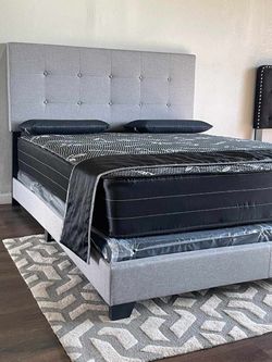Gray Upholstered Bed With Mattress