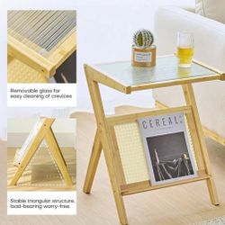 Bamboo End Table with Magazine Rack Glass-top Sofa Side Table Accent Bedside Nightstand Boho Z Shaped Coffee Table for Bedroom Living Room Small Space