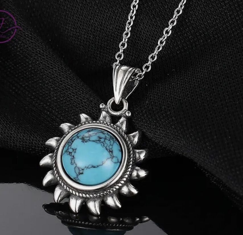 Natural Turquoise 925 Sterling Silver Geometric Sun Pendant [PEN14]