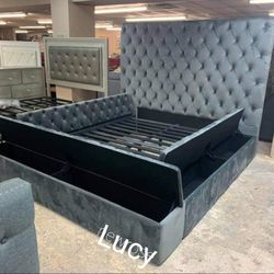 Gray Tufted Velvet Queen Platform Bed With Storage| Flannelette| King Size Available| Black Color Optional| Bed Frame|