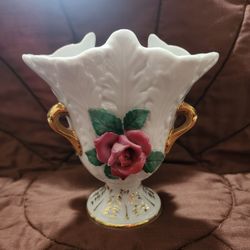 Vintage Handpainted Lefton China Unique 3 Handled Vase