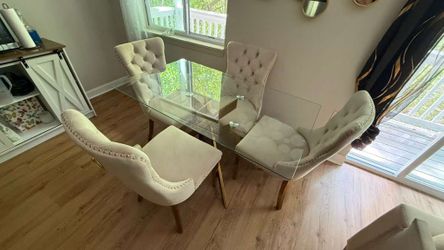 Luxury Glass Dining Table Set + 4 Velvet Chairs – Gold Base – Like New