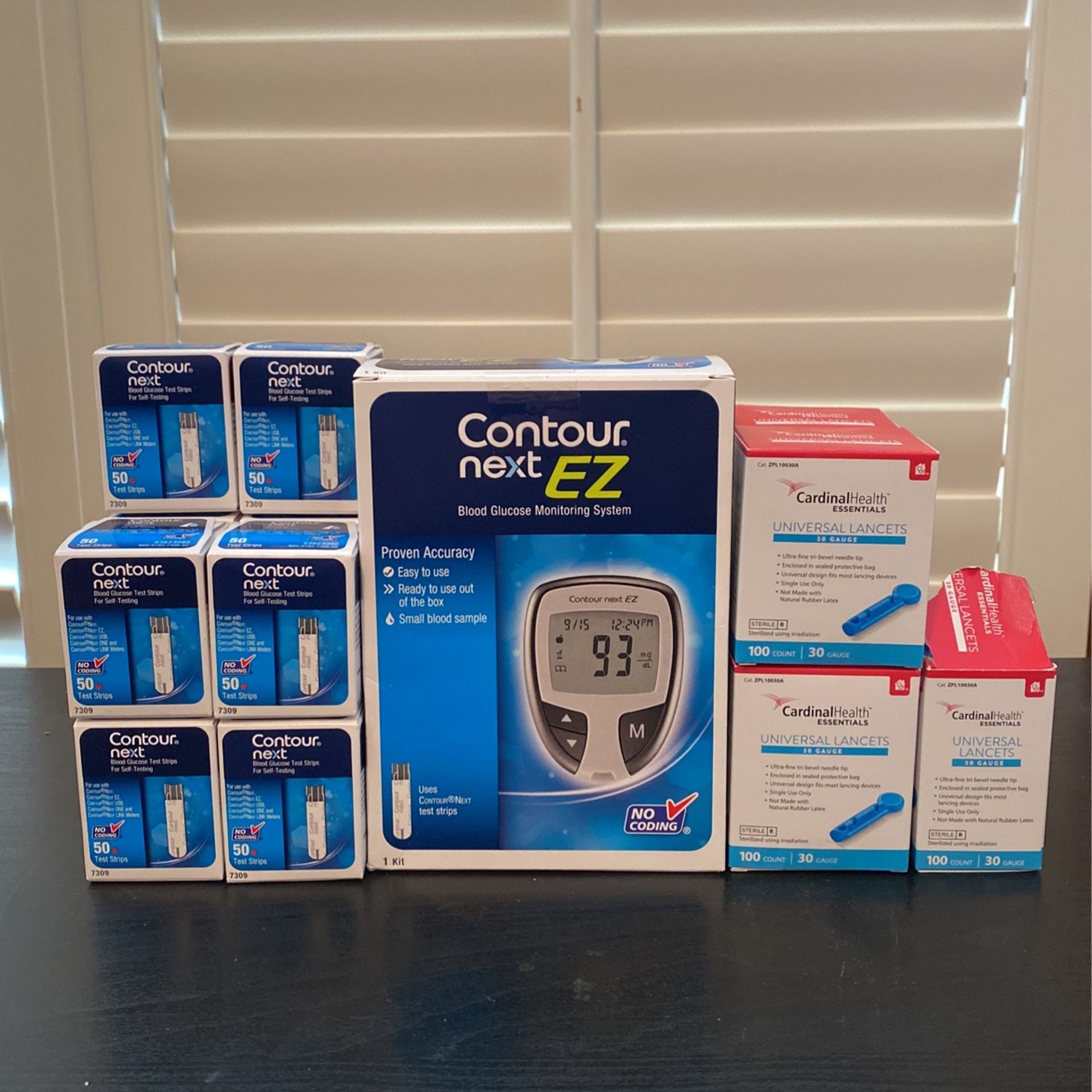 Contour Next EZ blood glucose monitoring system, test strips and universal lancets.