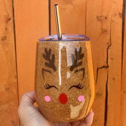 Glitter deer wine tumbler with metal straw