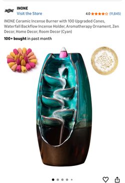 $10-INONE Green Ceramic Incense Burner with 100 Upgraded Cones, Waterfall Backflow Incense Holder, Aromatherapy Ornament, Zen Decor, Home Decor
