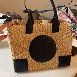 Tory Butch Ella Mini Tote Straw And Navy Blue 