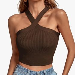 Umenlele Women's Criss Cross Halter Crop Top Sleeveless Ribbed Knit Cami Tank Tops Brown X-Small

