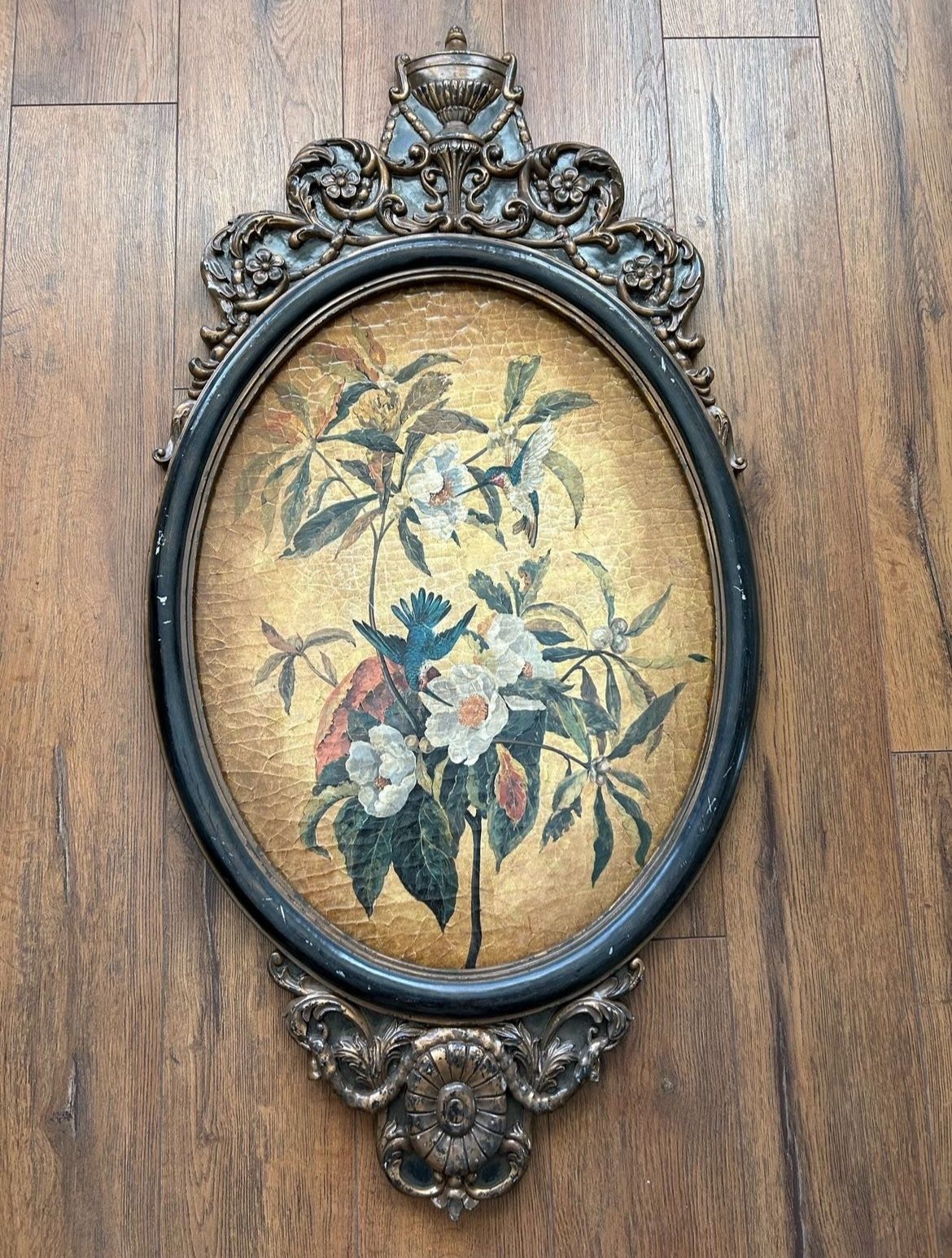 Antique Victorian Oval Hummingbirds & Floral Painting