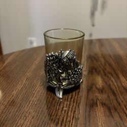 Pewter Candleholder Yellow Green Glass Votive Tea Light Floral Bee Nature Crystal Accents