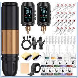 Tattoo Gun Kit Wireless Tattoo Machine Pen Kit with 2Pcs 1600mAh Replaceable battery and 20 pcs Tattoo Cartridge Needles, 10 Ink Colors for Complete T
