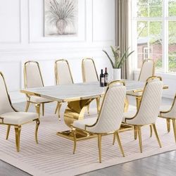 9 PIECE ART DECO GLAM WHITE MARBLE TOP DINING TABLE SET CREAM VELVET CHAIRS POLISHED GOLD