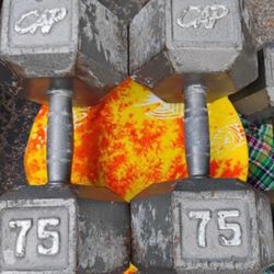 PAIR  OF  75 LB. STEEL  HEX  DUMBBELLS 