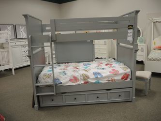 Twin Over Twin Bunk Bed with Trundle - Gray | Headboard