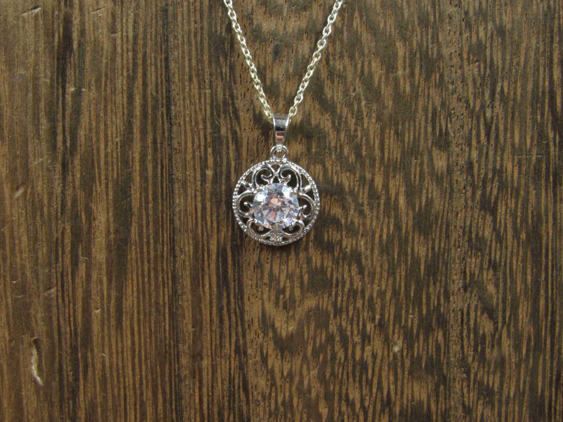 18" Sterling Silver Single Fancy Cubic Zirconia Pendant Necklace Vintage
